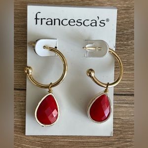 NWT Francesca’s Gold Tone Faceted Red Stone Teardrop Drop Hoop Earrings